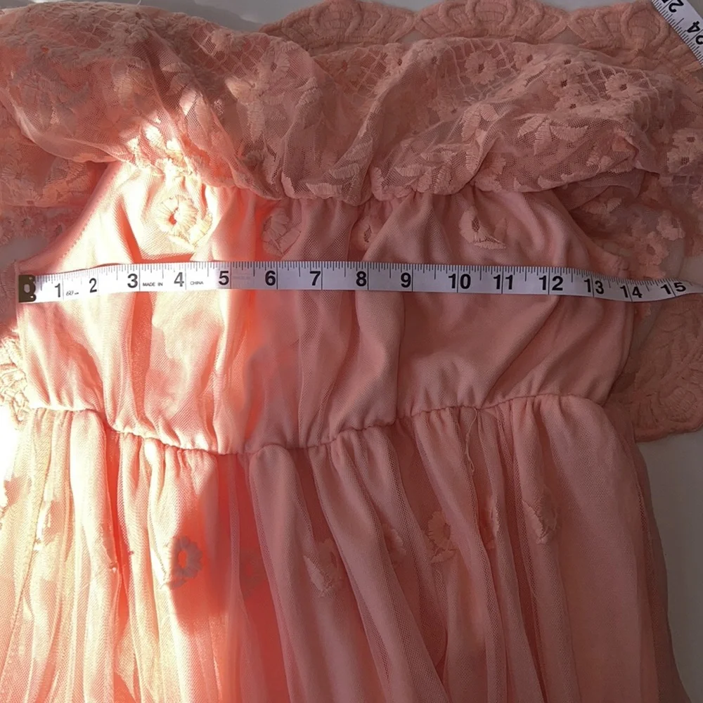 Peach prairie dress vintage lace style off the shoulder floral design small med - Picture 12 of 15